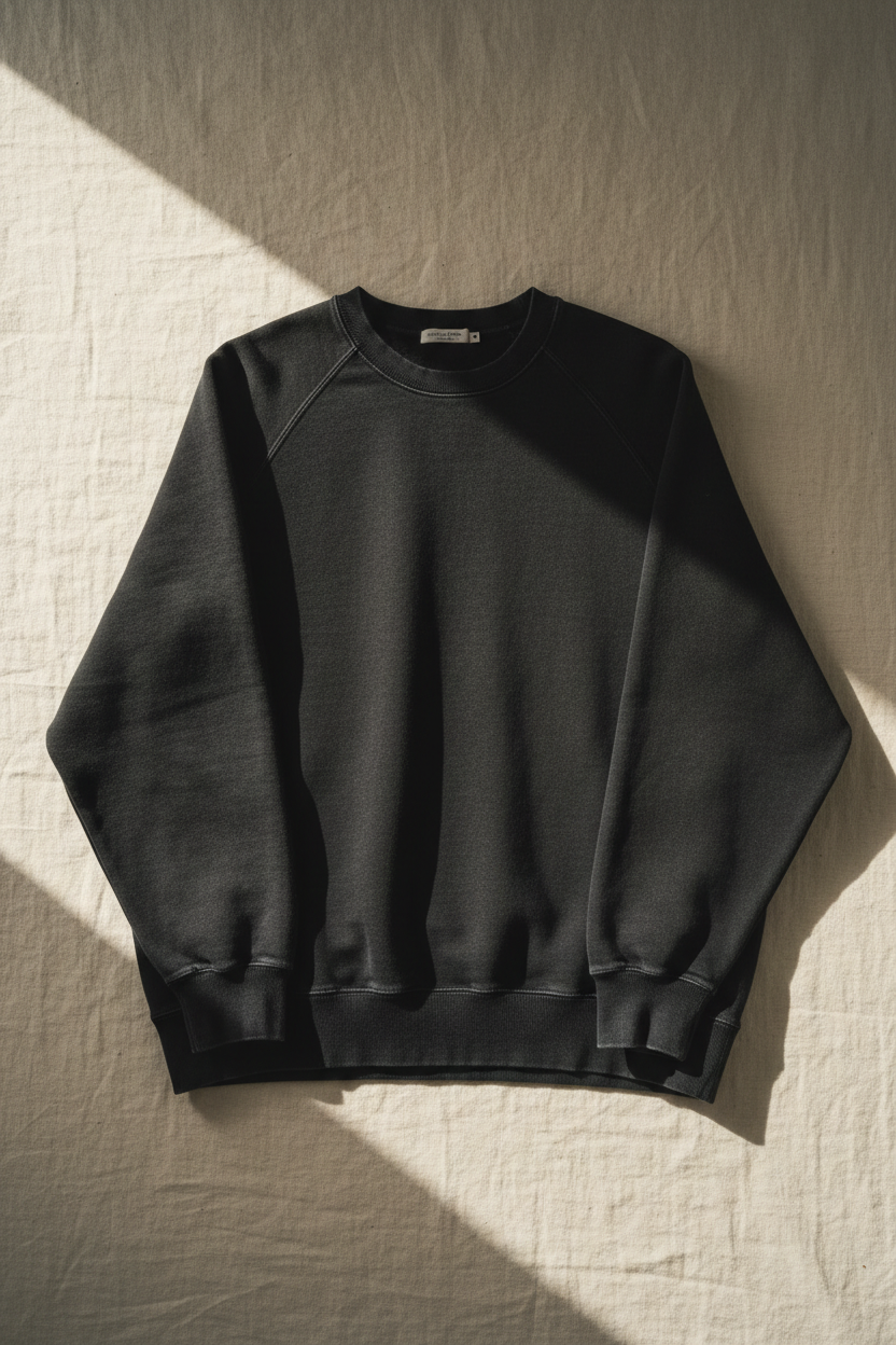 Heavyweight washed black sweatshirt draped over wet concrete ledge — echelonn. thorax. 400gsm loop-back fleece