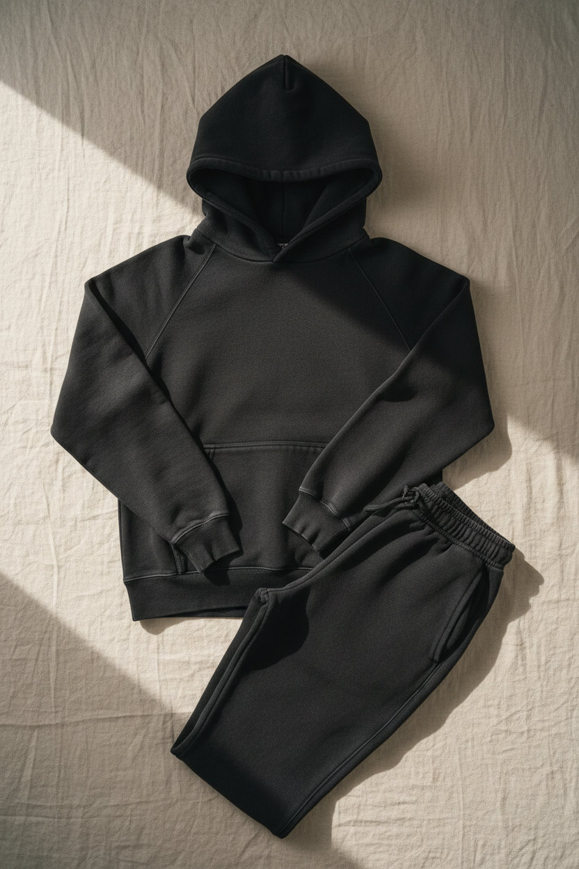 aegis. heavyweight hoodie and podea. joggers flat lay in washed black on linen surface, diagonal window light, ribbed cuffs and kangaroo pocket visible