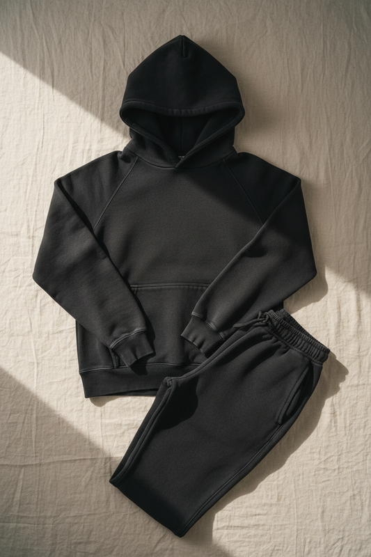 aegis. heavyweight hoodie and podea. joggers flat lay in washed black on linen surface, diagonal window light, ribbed cuffs and kangaroo pocket visible