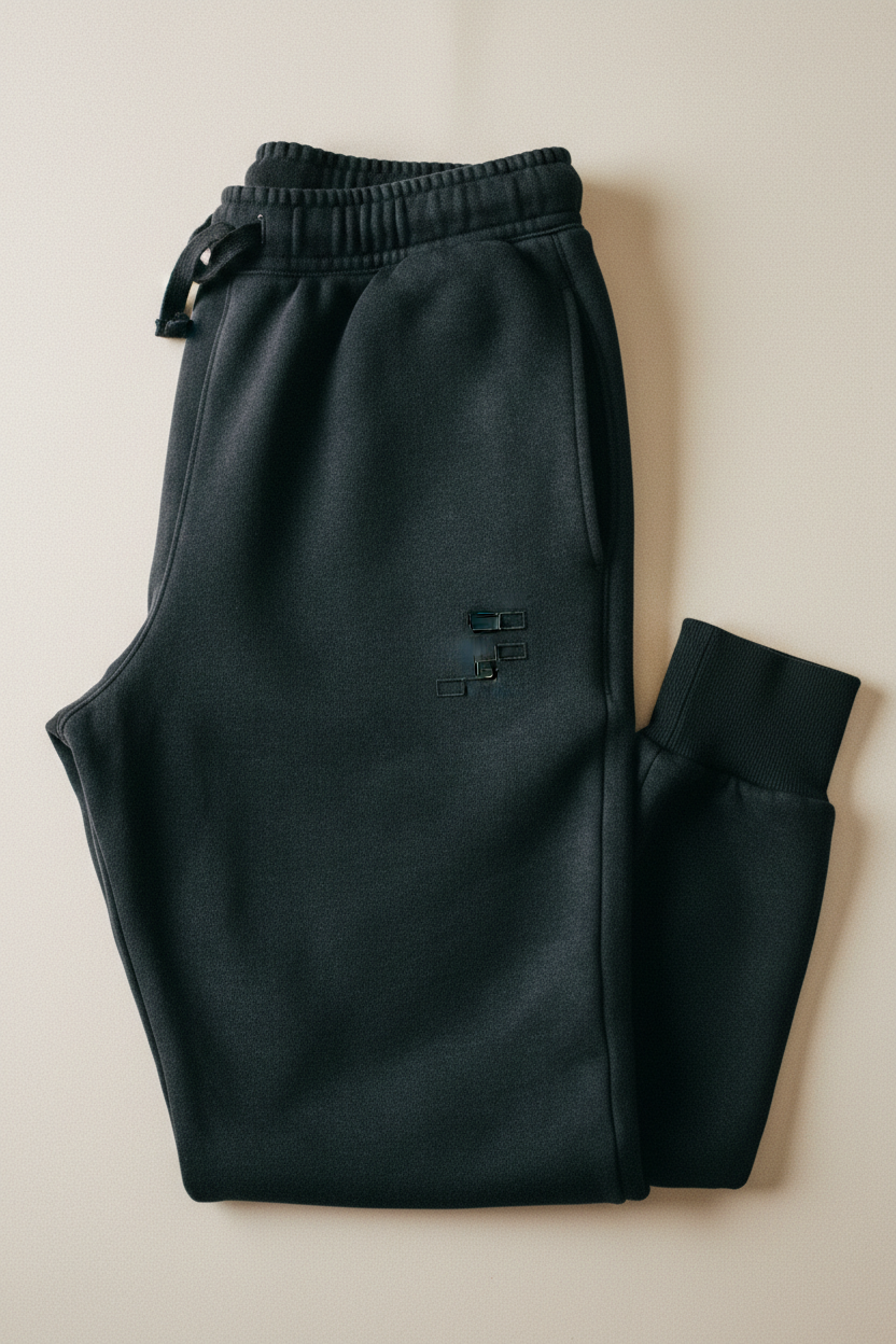 echelonn. podea. heavyweight joggers flat lay — washed black 400gsm loop-back fleece, tonal four-bar mark on left thigh