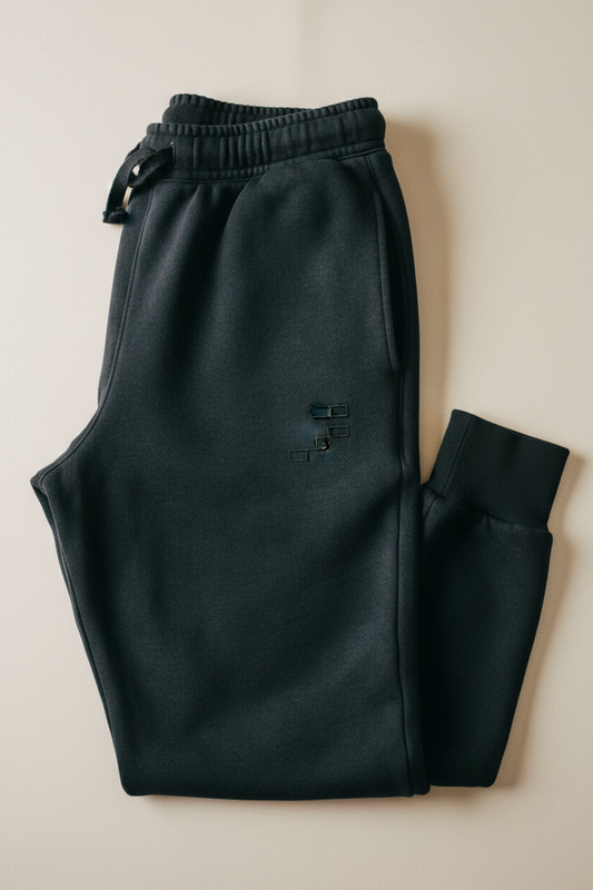 echelonn. podea. heavyweight joggers flat lay — washed black 400gsm loop-back fleece, tonal four-bar mark on left thigh