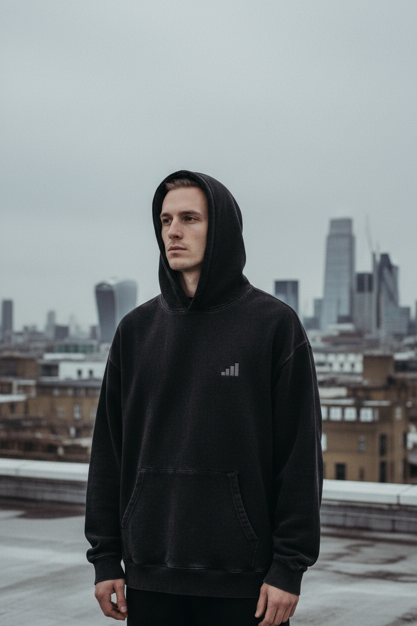 light-skinned male figure wearing washed black aegis. heavyweight hoodie on Bethnal Green rooftop, London skyline behind, overcast grey sky, cinematic editorial