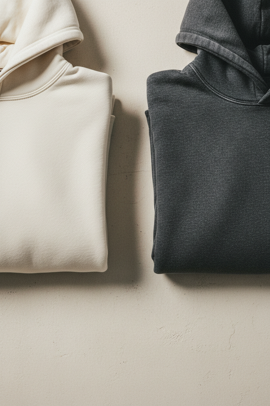 Two folded hoodies side by side on off-white surface — stone 300gsm left, washed black 400gsm right showing fabric density difference