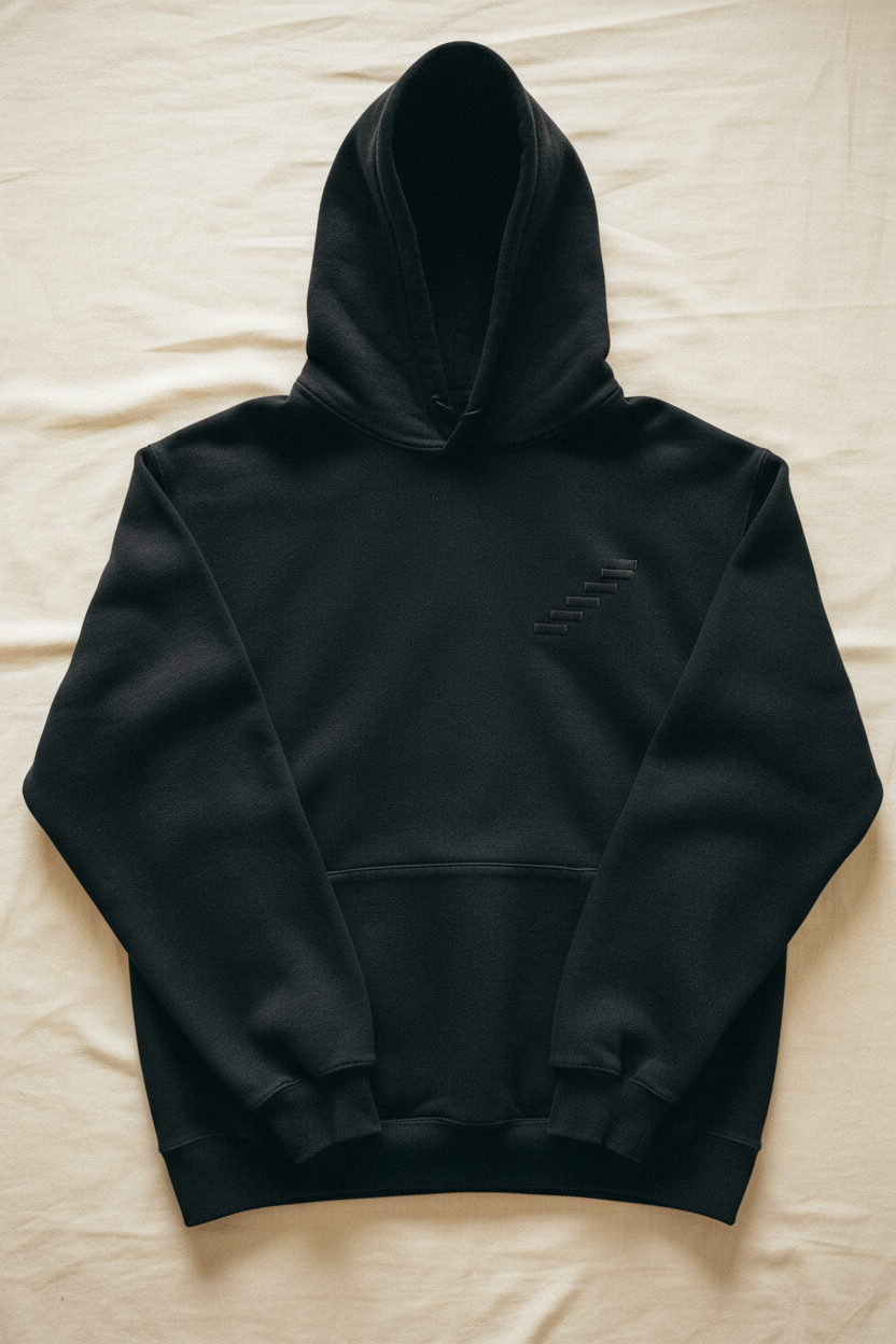echelonn. aegis. heavyweight hoodie laid flat on concrete floor under skylight — 400gsm loop-back fleece, washed black