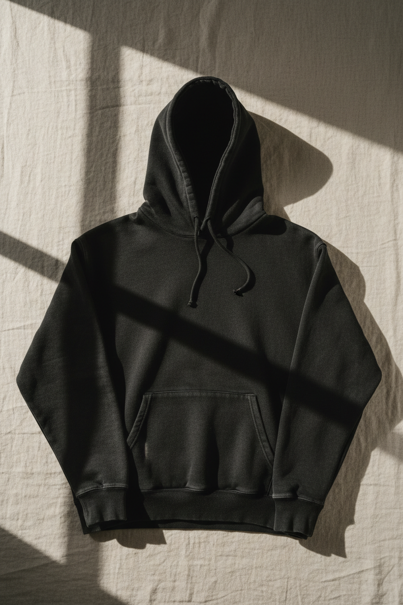 aegis. heavyweight hoodie flat lay in washed black, dramatic diagonal window light casting hard shadow, ribbed cuffs and kangaroo pocket visible, washed surface variation evident