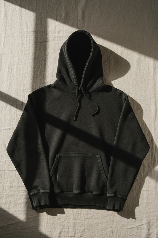 aegis. heavyweight hoodie flat lay in washed black, dramatic diagonal window light casting hard shadow, ribbed cuffs and kangaroo pocket visible, washed surface variation evident