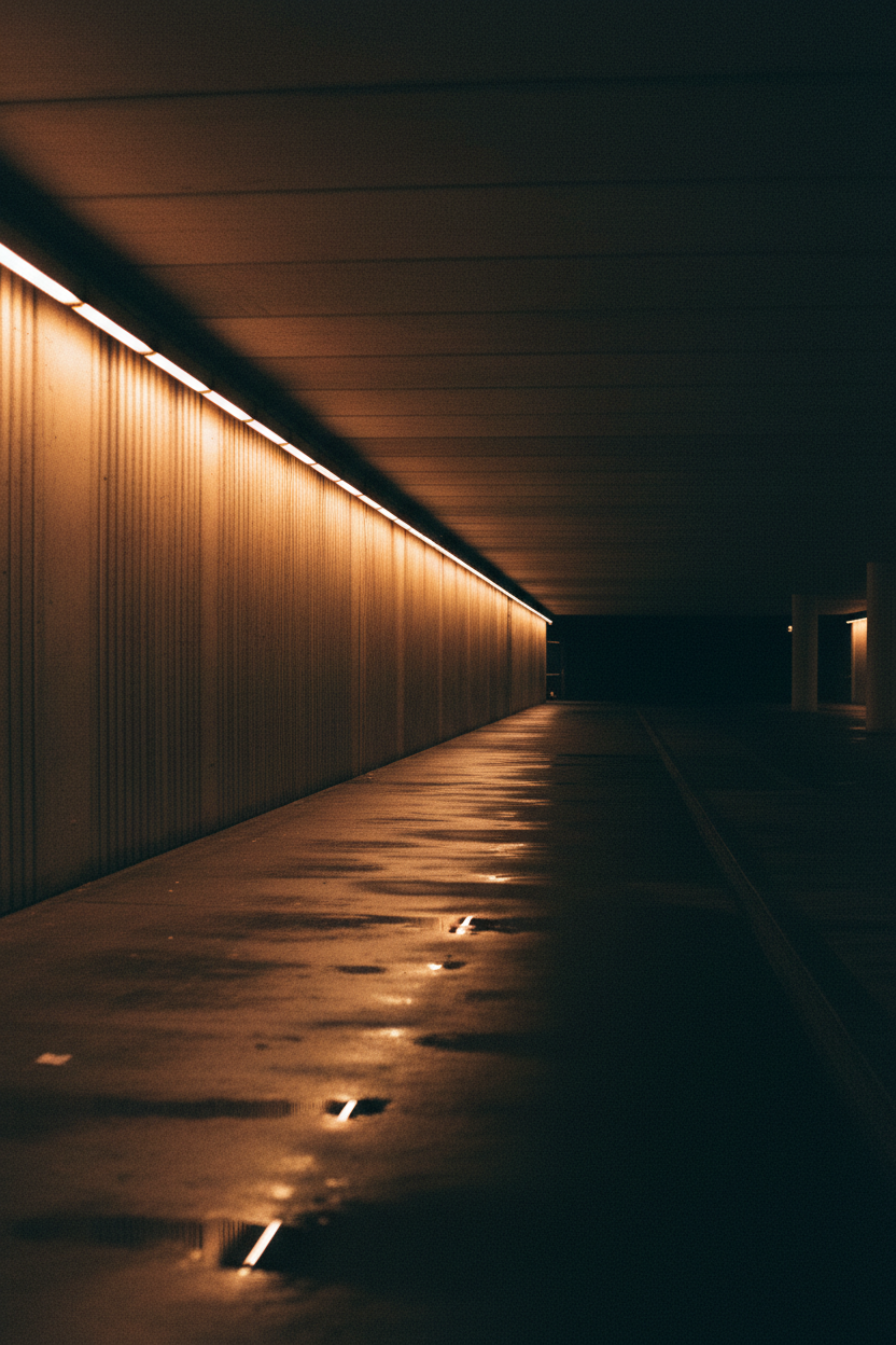 London brutalist tunnel, amber strip lighting, wet reflective floor, deep shadow — echelonn. editorial