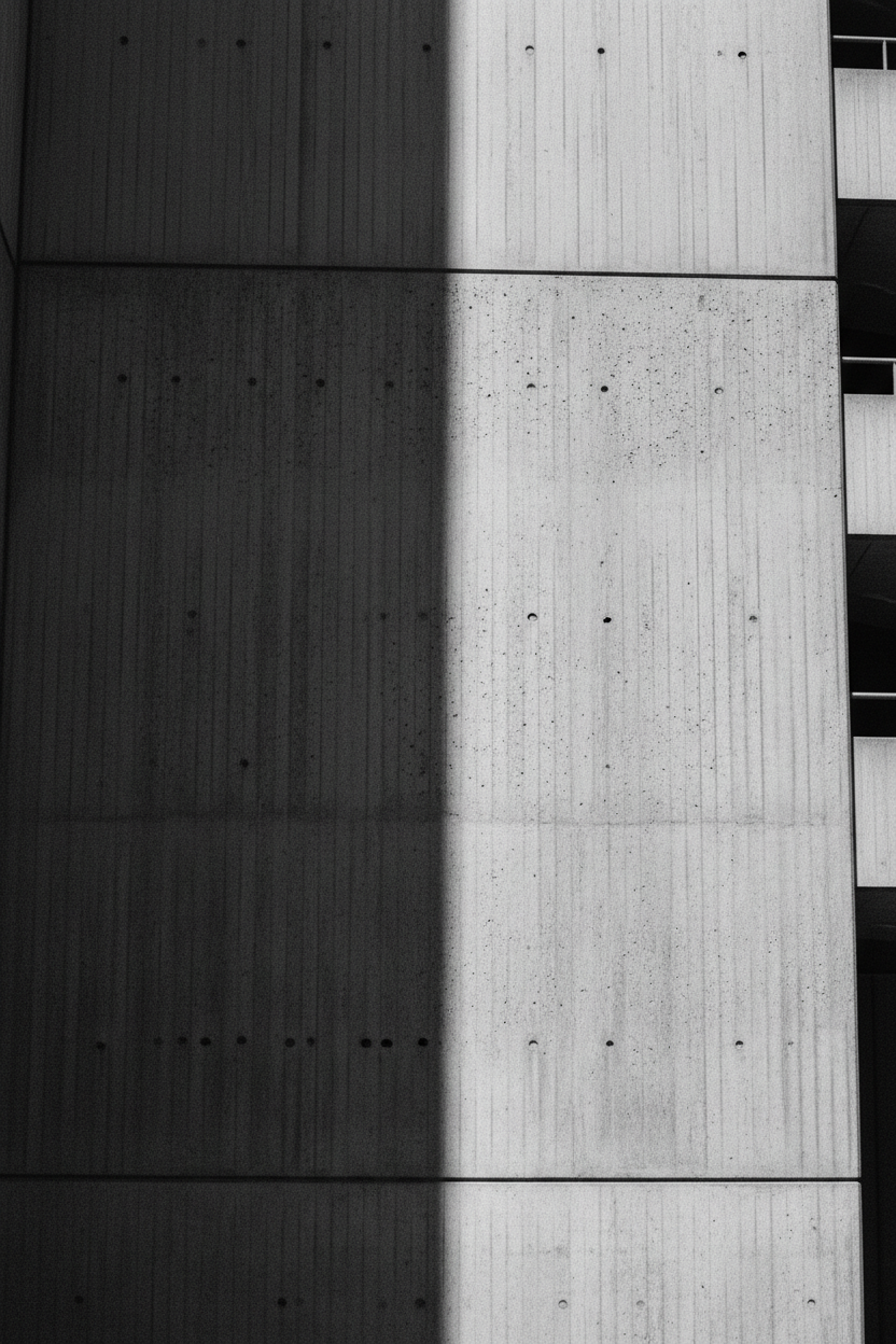 Raw brutalist concrete wall, harsh diagonal light, deep shadow — echelonn. editorial