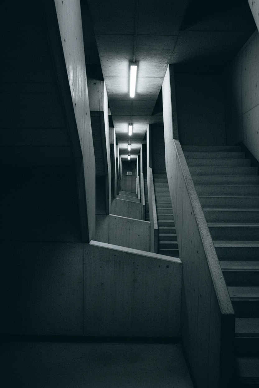 Brutalist concrete stairwell corridor, fluorescent strip lights receding into darkness, ascending geometry — echelonn. editorial