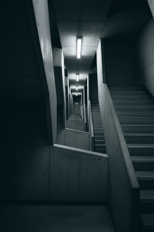 Brutalist concrete stairwell corridor, fluorescent strip lights receding into darkness, ascending geometry — echelonn. editorial