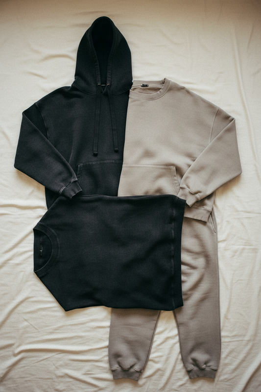 flat lay of the hq 001 formation — aegis. hoodie, thorax. sweatshirt, peplos. tee, podea. joggers in washed black and stone on off-white surface
