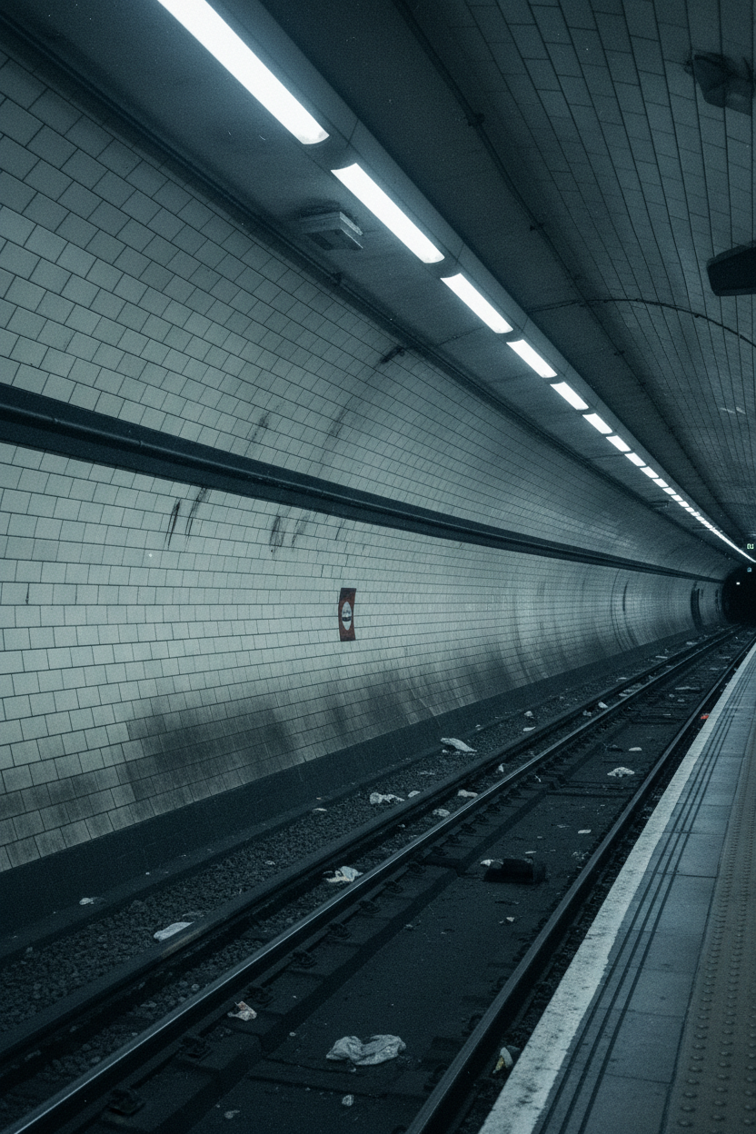 Stamford Hill Overground station at dawn, empty wet platform, mist dissolving the tracks, Victorian brick station building, no figure, cinematic editorial