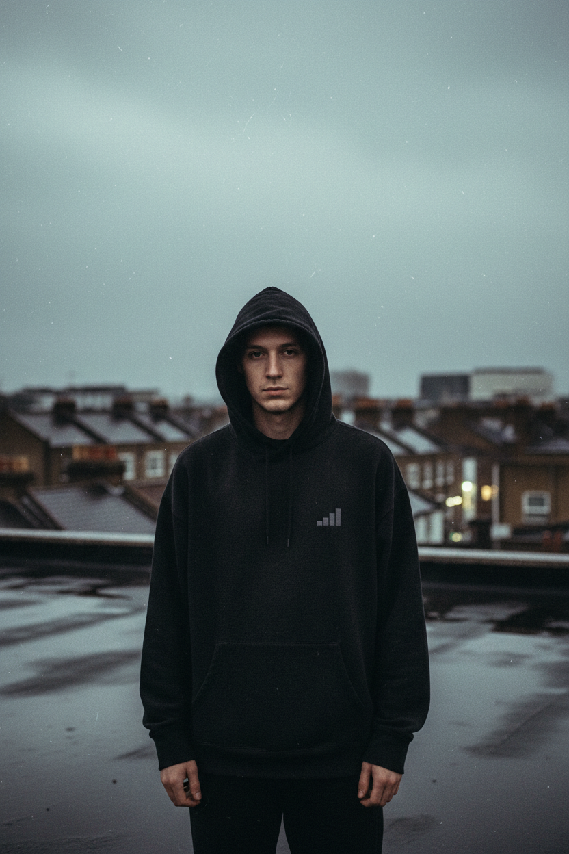 light-skinned male figure wearing washed black aegis. heavyweight hoodie on wet Peckham rooftop at dusk, London low-rise rooftops behind, cinematic editorial