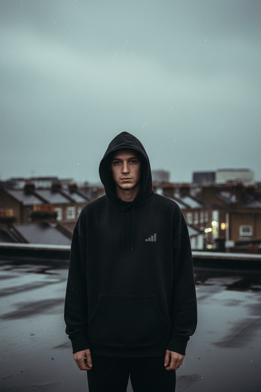 light-skinned male figure wearing washed black aegis. heavyweight hoodie on wet Peckham rooftop at dusk, London low-rise rooftops behind, cinematic editorial