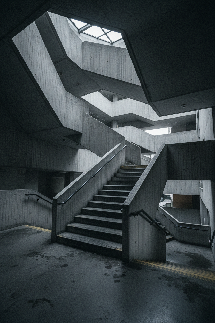 empty brutalist concrete stairwell with geometric ascending levels, cold grey light from skylight above, deep shadows, no figure, cinematic editorial