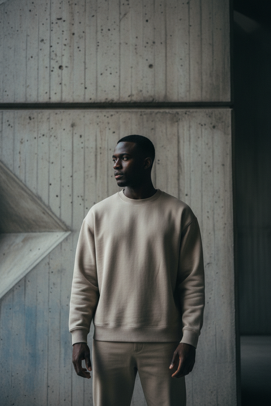dark-skinned male figure wearing stone heavyweight thorax. sweatshirt standing against UK brutalist concrete wall, cinematic editorial