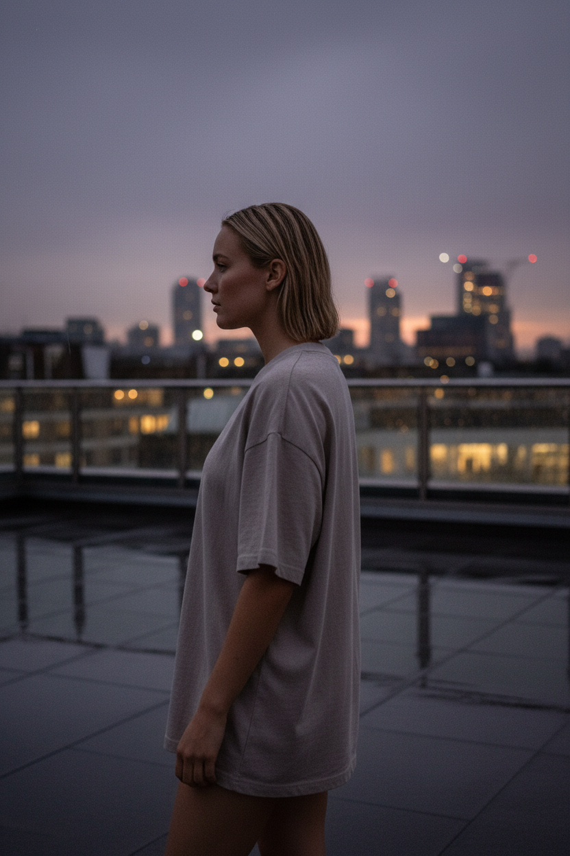 light-skinned female figure wearing stone heavyweight peplos. oversized tee walking through UK brutalist concrete underpass, cinematic editorial