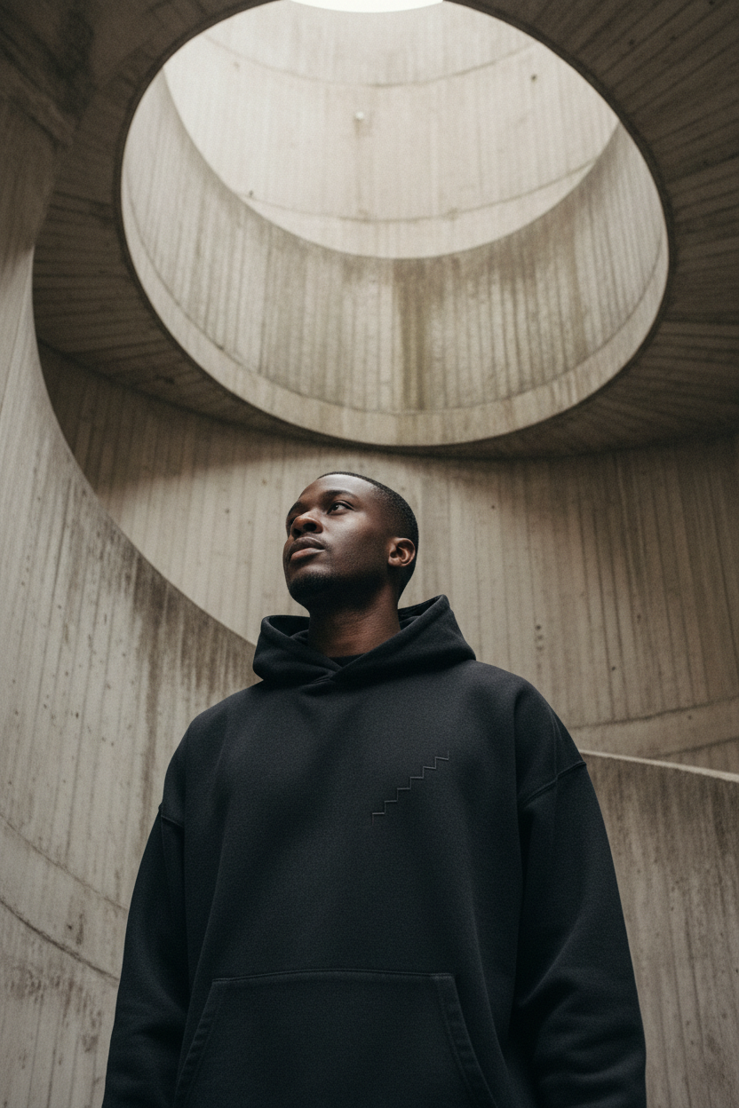 dark-skinned male figure wearing washed black aegis. heavyweight hoodie in brutalist concrete space, four-bar tonal embroidery on left chest, cinematic editorial