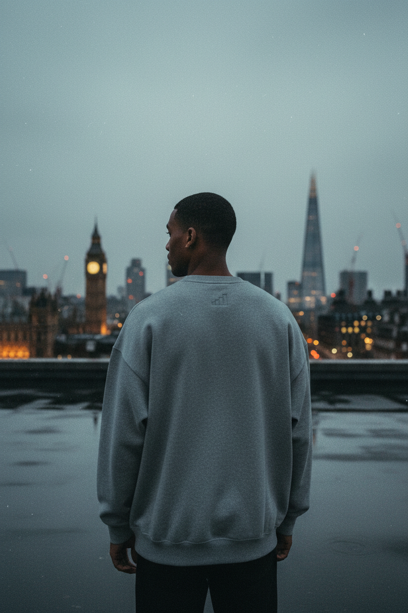 mixed-race male figure wearing grey thorax. heavyweight sweatshirt on wet London rooftop at dusk, back to camera, London skyline with Big Ben and The Shard visible, cinematic editorial