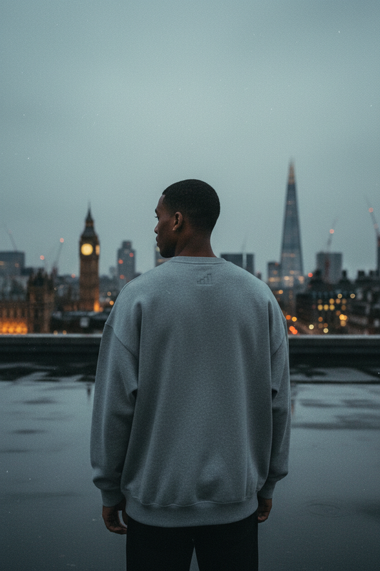 mixed-race male figure wearing grey thorax. heavyweight sweatshirt on wet London rooftop at dusk, back to camera, London skyline with Big Ben and The Shard visible, cinematic editorial