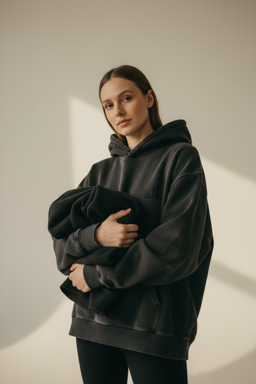 light-skinned female figure holding folded washed black aegis. heavyweight hoodie against chest in warm studio, four-bar tonal embroidery visible on left chest