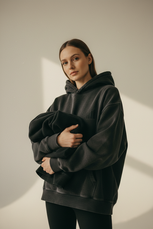 light-skinned female figure holding folded washed black aegis. heavyweight hoodie against chest in warm studio, four-bar tonal embroidery visible on left chest