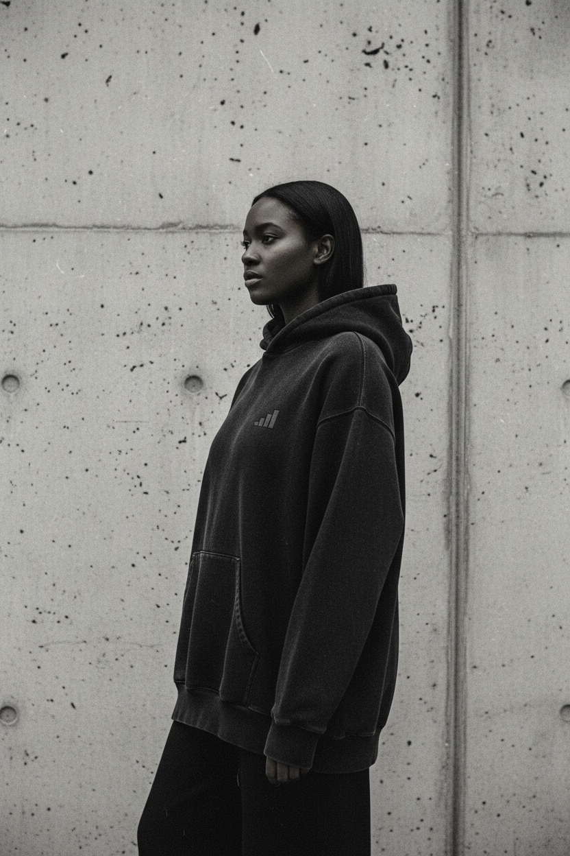dark-skinned female figure wearing washed black aegis. heavyweight hoodie side-on against brutalist concrete wall, showing boxy dropped shoulder silhouette and four-bar tonal embroidery on left chest