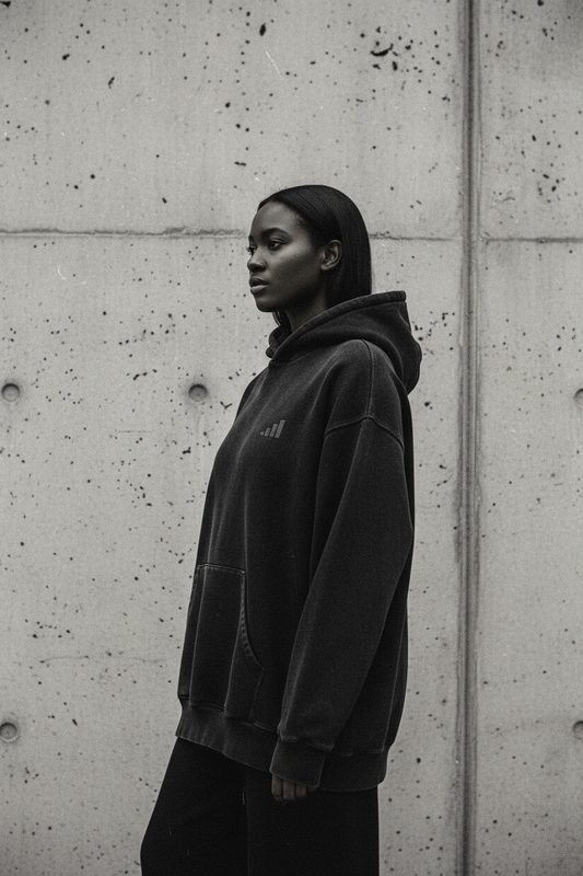 dark-skinned female figure wearing washed black aegis. heavyweight hoodie side-on against brutalist concrete wall, showing boxy dropped shoulder silhouette and four-bar tonal embroidery on left chest