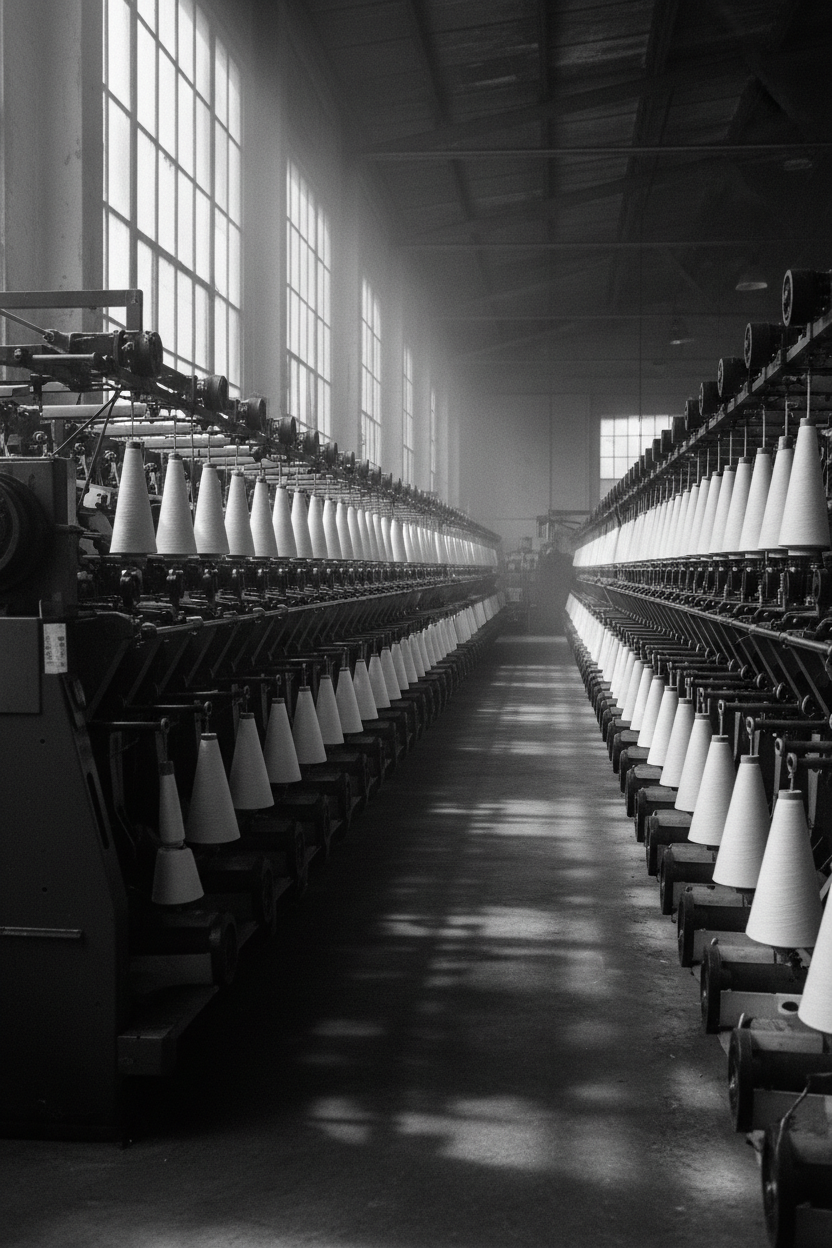black and white editorial photograph inside a premium textile mill — ring-spinning machines in rows with dramatic shafts of light through factory windows