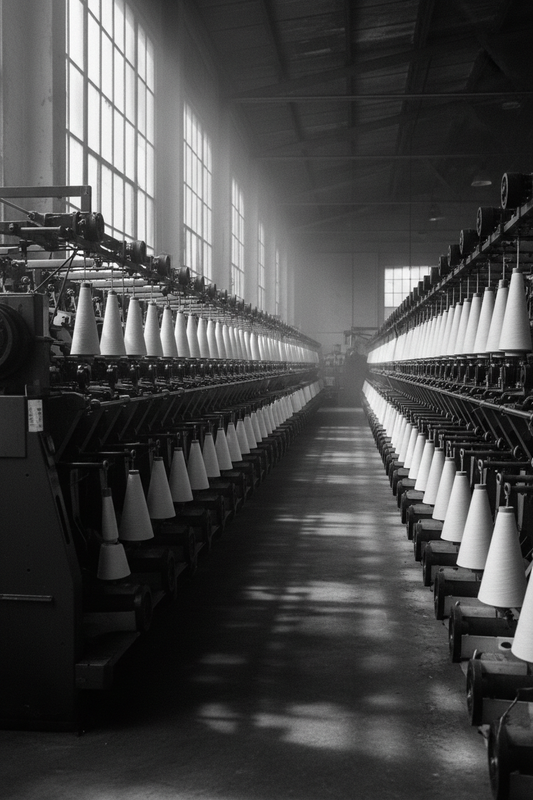 black and white editorial photograph inside a premium textile mill — ring-spinning machines in rows with dramatic shafts of light through factory windows