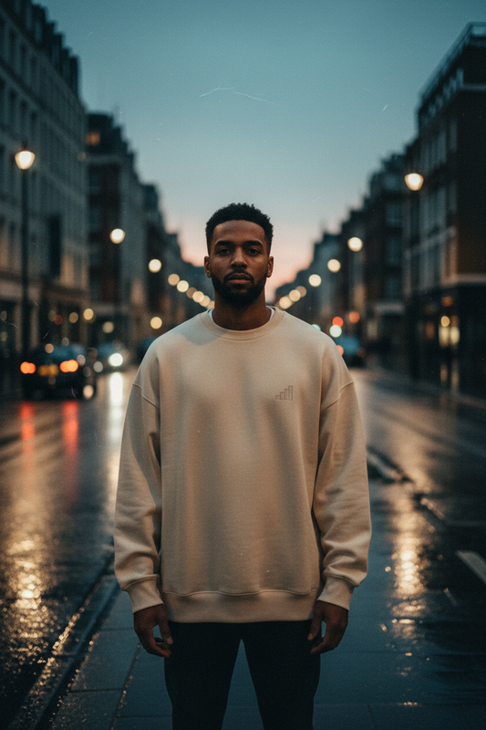 dark-skinned male figure wearing stone thorax. heavyweight sweatshirt standing in a wet London street at dusk, city lights reflected in puddles, four-bar tonal embroidery on left chest