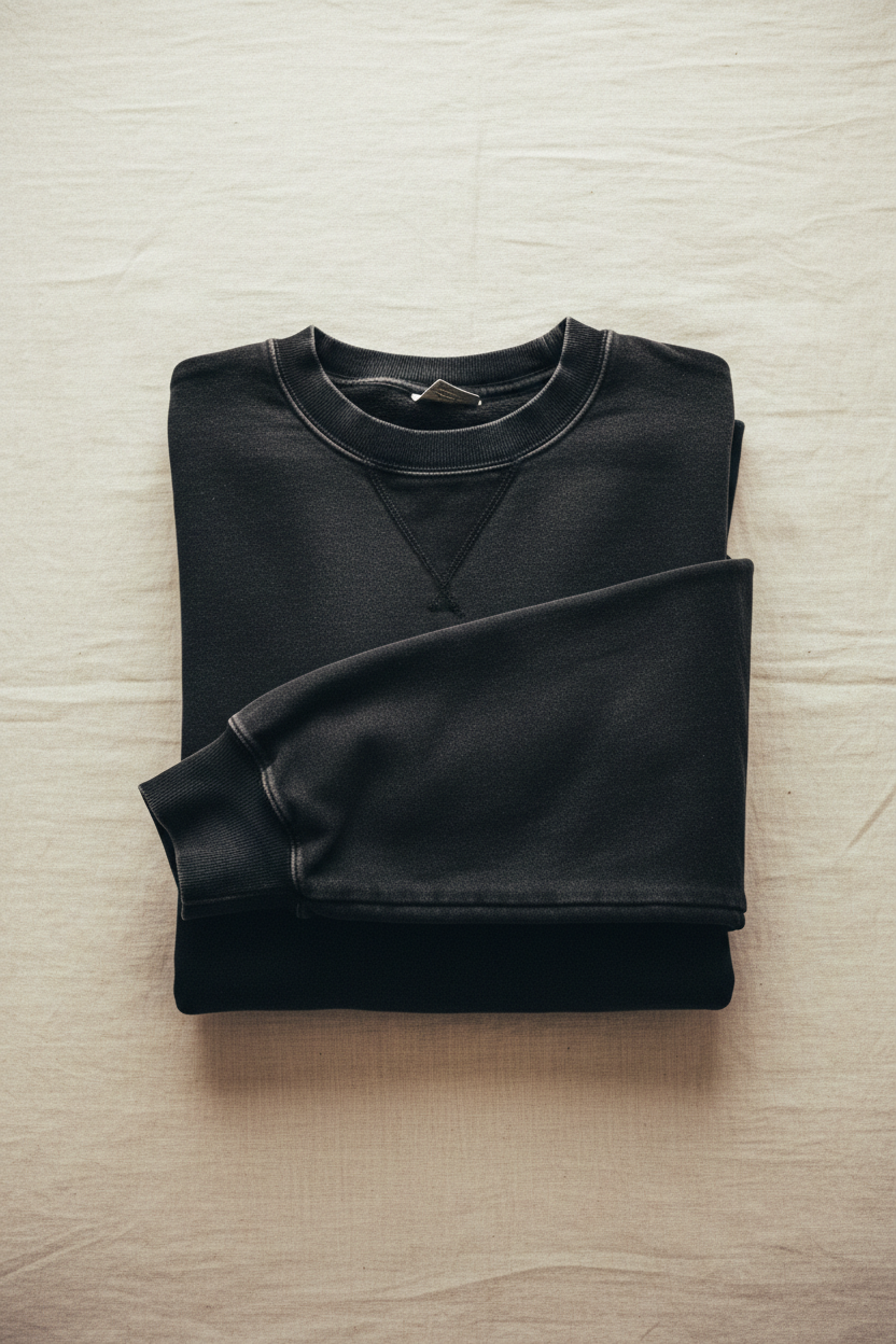 Washed black heavyweight cotton flat lay on warm off-white linen, cuff detail, echelonn. HQ 001