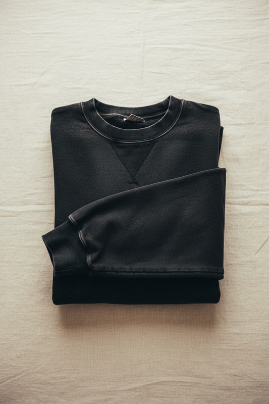 Washed black heavyweight cotton flat lay on warm off-white linen, cuff detail, echelonn. HQ 001
