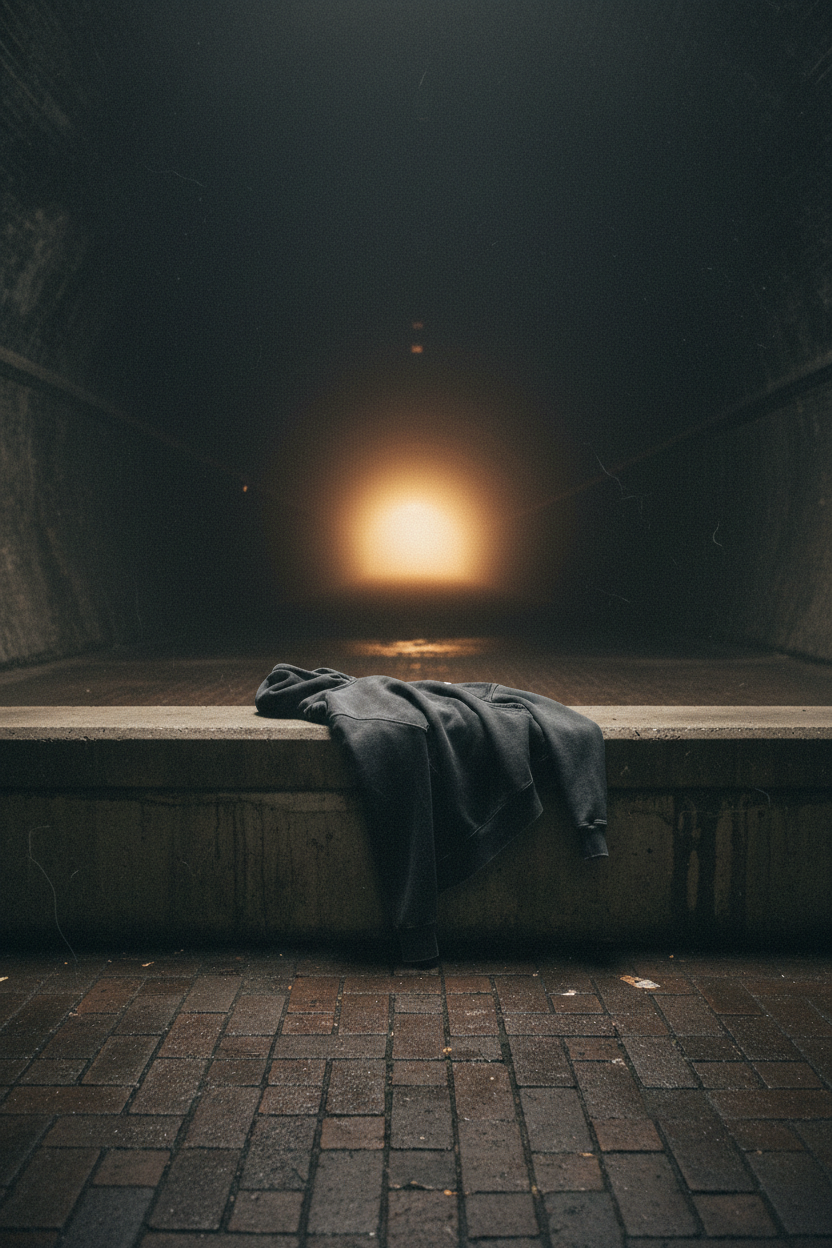 washed black heavyweight hoodie draped over concrete ledge in London railway arch, mist and amber light at far end, cinematic editorial