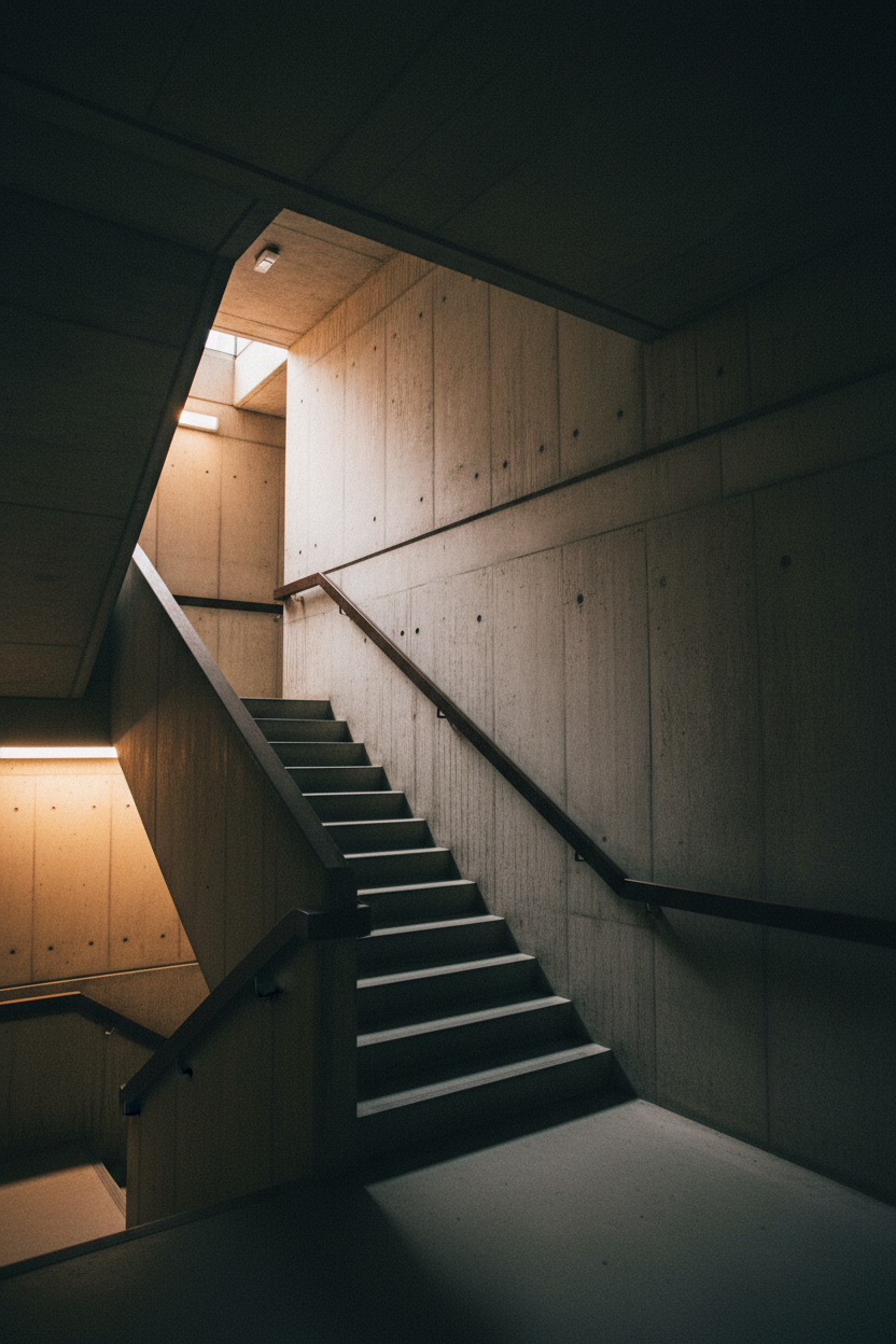 Brutalist concrete staircase interior, amber light, ascending geometry — echelonn. editorial