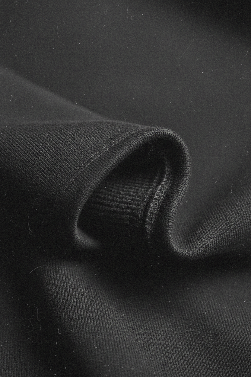 400gsm loop-back fleece fabric macro, smooth exterior and looped interior at fold, washed black, enzyme wash finish