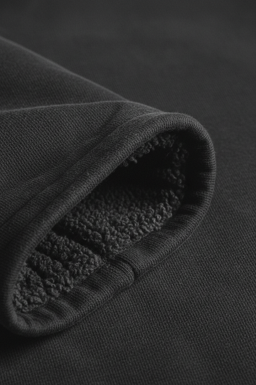 400gsm loop-back fleece fabric macro, smooth exterior and dense looped interior visible at fold, washed black heavyweight cotton hoodie