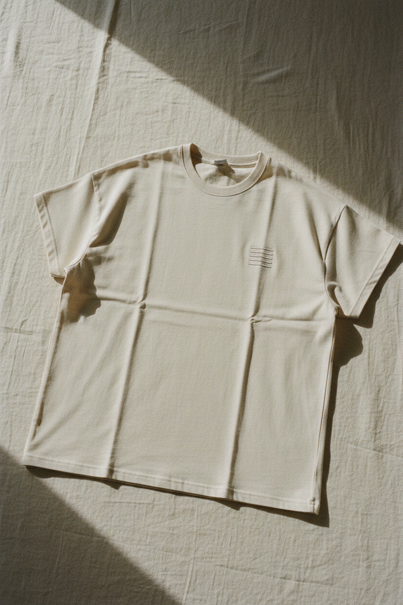 Boxy fit oversized heavyweight cotton tee flat lay, stone colourway, dropped shoulder silhouette, tonal four-bar echelonn. mark on left chest, warm window light