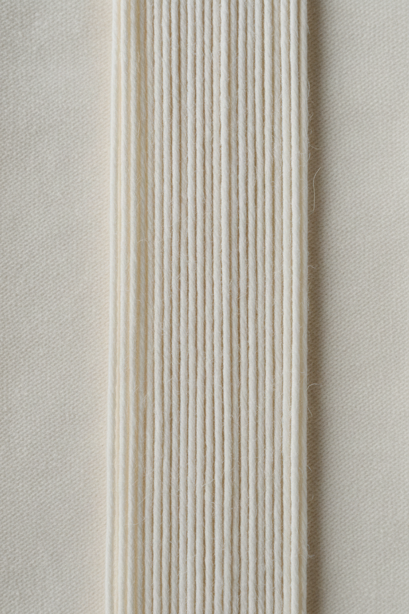 Combed cotton yarn macro showing smooth aligned parallel fibres with no protruding ends, fine ring-spun thread on off-white surface
