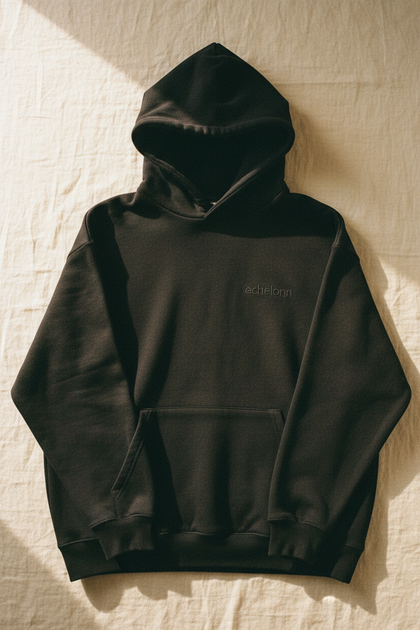 echelonn. aegis. heavyweight hoodie flat lay in washed black — preshrunk 400gsm ring-spun cotton