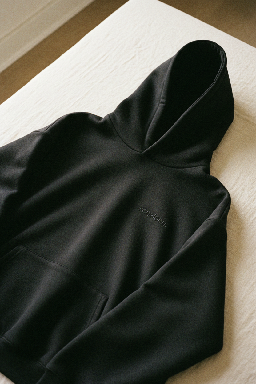 echelonn. aegis. heavyweight cotton hoodie flat lay in washed black — 400gsm ring-spun cotton