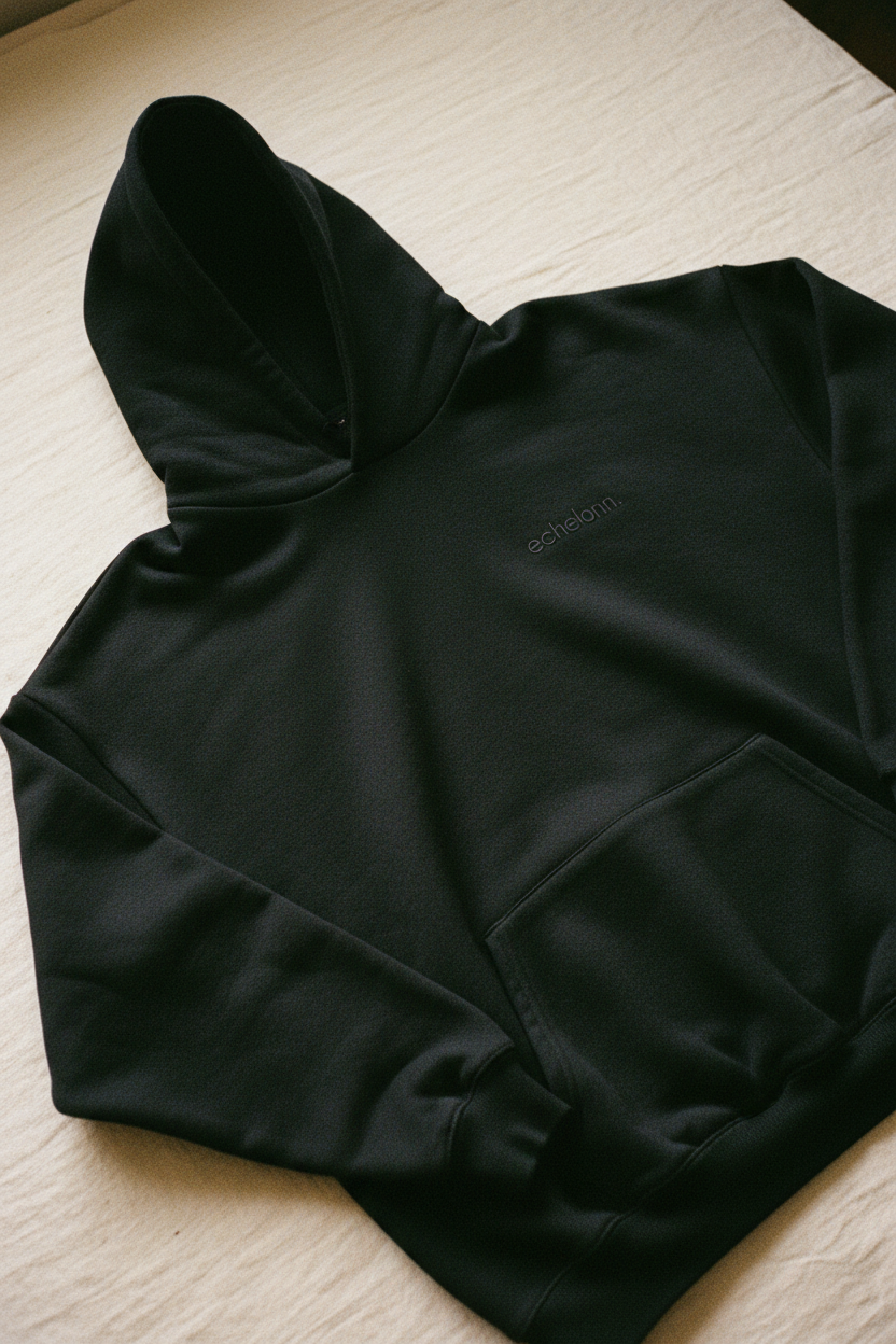echelonn. aegis. heavyweight cotton hoodie flat lay in washed black — HQ 001 first formation