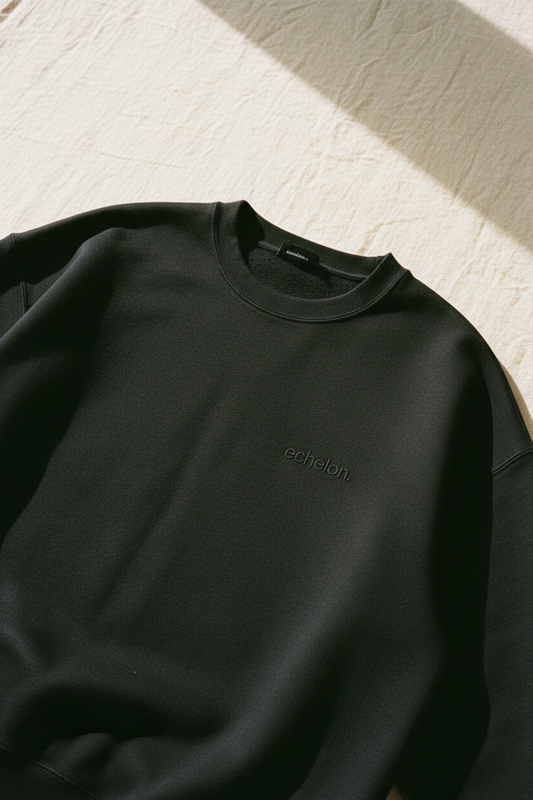 echelonn. aegis. heavyweight hoodie flat lay in washed black — 400gsm ring-spun cotton HQ 001