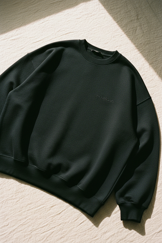 echelonn. thorax. heavyweight crewneck sweatshirt flat lay in washed black — 400gsm ring-spun cotton HQ 001