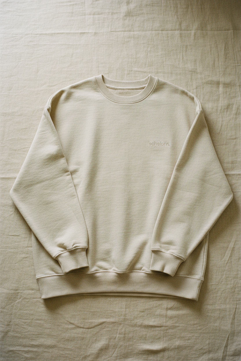 echelonn. thorax. heavyweight crewneck sweatshirt in stone — 400gsm ring-spun cotton, HQ 001 first formation