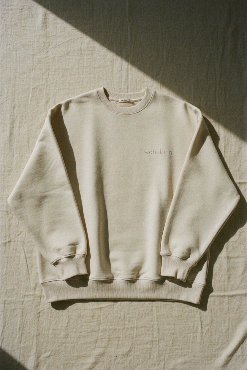 echelonn. thorax. heavyweight crewneck sweatshirt in stone — 400gsm ring-spun cotton, HQ 001 flat lay