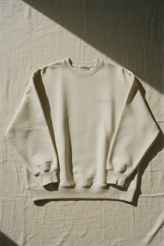 echelonn. thorax. heavyweight crewneck sweatshirt in stone — 400gsm ring-spun cotton, HQ 001 flat lay