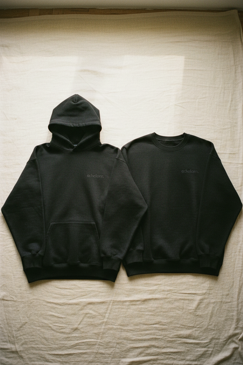 echelonn. aegis. hoodie and thorax. crewneck sweatshirt side by side in washed black — 400gsm ring-spun cotton HQ 001 comparison