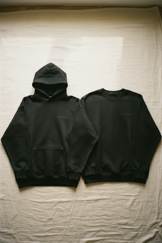 echelonn. aegis. hoodie and thorax. crewneck sweatshirt side by side in washed black — 400gsm ring-spun cotton HQ 001 comparison