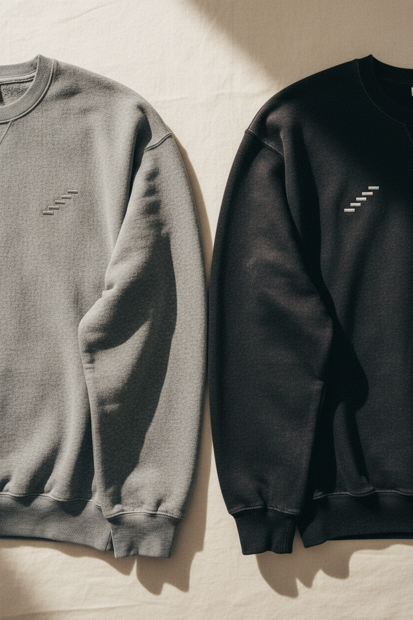echelonn. thorax. sweatshirts in grey and washed black side by side — tonal echelonn. wordmark on left chest, 400gsm ring-spun cotton